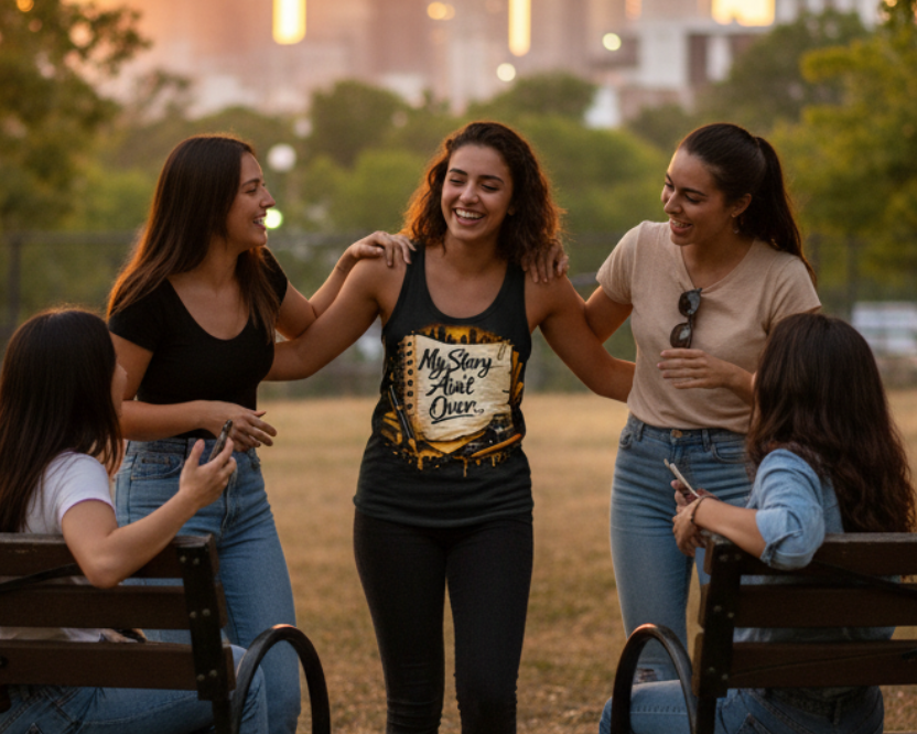Four women in a park with a city skyline in the background