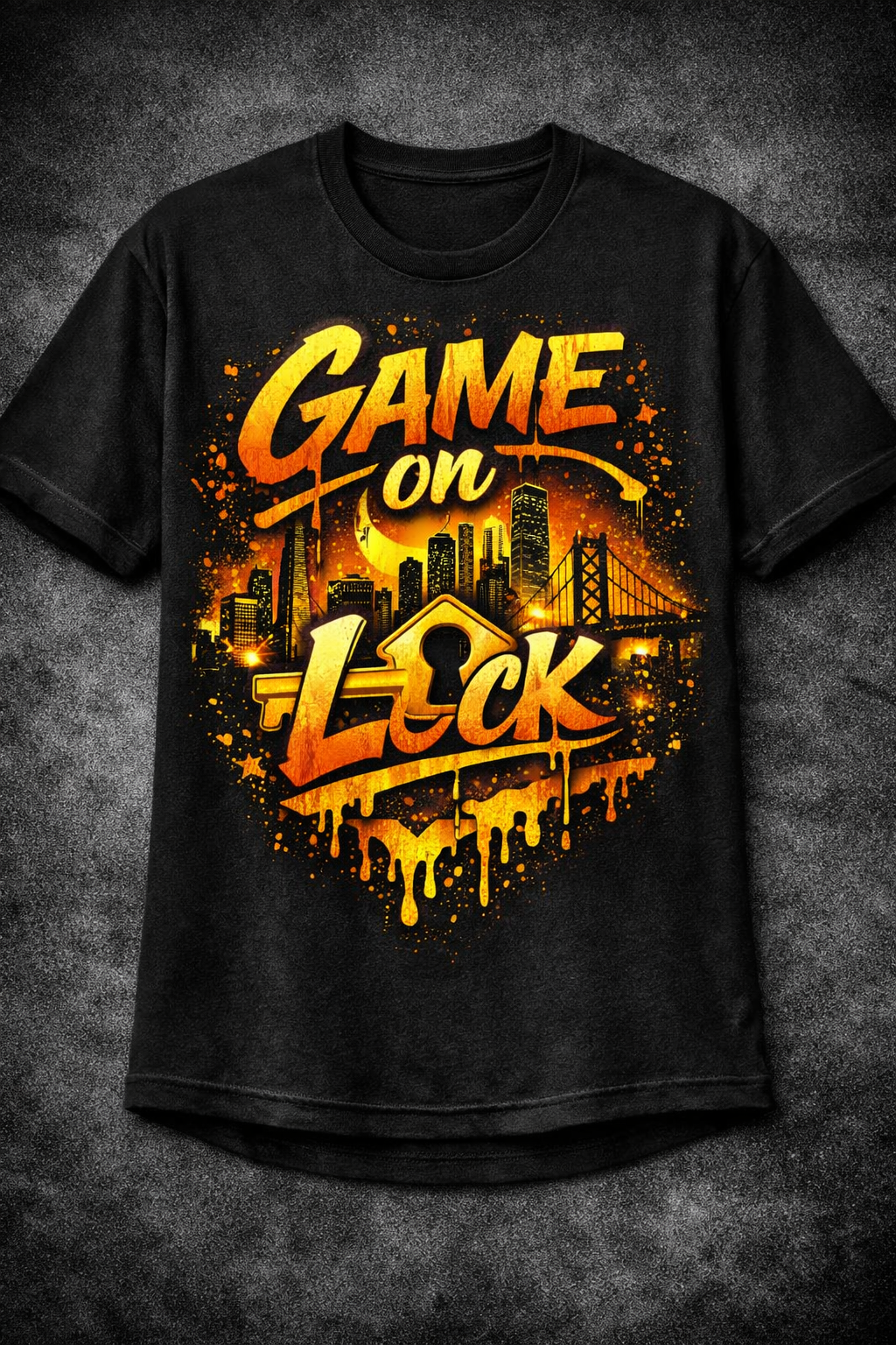 Black t-shirt with 'Game On Lock' graphic design on a textured dark background