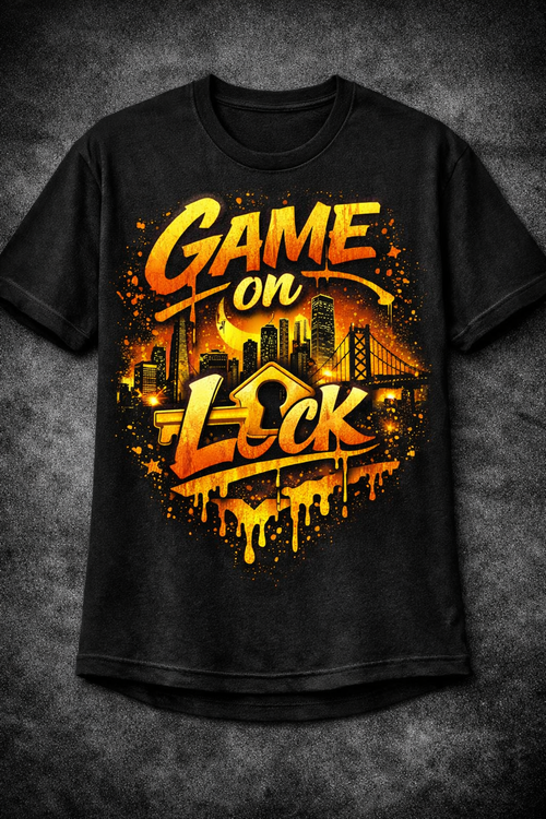 Black t-shirt with 'Game On Lock' graphic design on a textured dark background