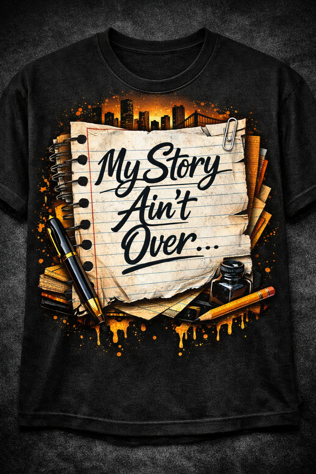 Black graphic tee with the "My Story Ain't Over" design n bold graffiti lettering.