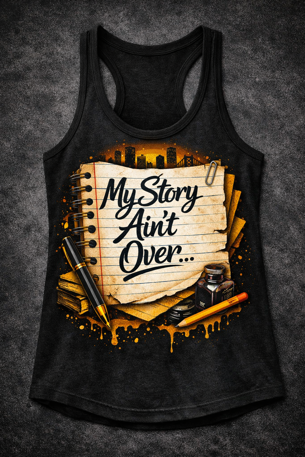 Black racerback tank featuring the "My Story Ain't Over" graphic in orange and white.
