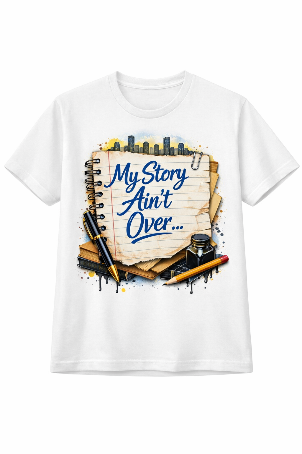 White t-shirt with a graphic design featuring text and stationery items on a white background