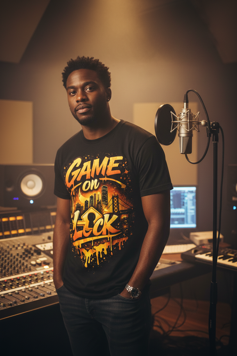 Man in a studio wearing the BLACK GAME ON LOCK streetwear tee with orange graffiti skyline design.